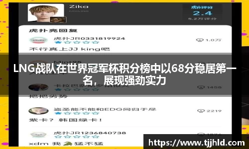 LNG战队在世界冠军杯积分榜中以68分稳居第一名，展现强劲实力